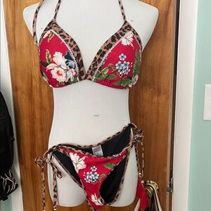 Floral Red Bikini with Leopard Trim